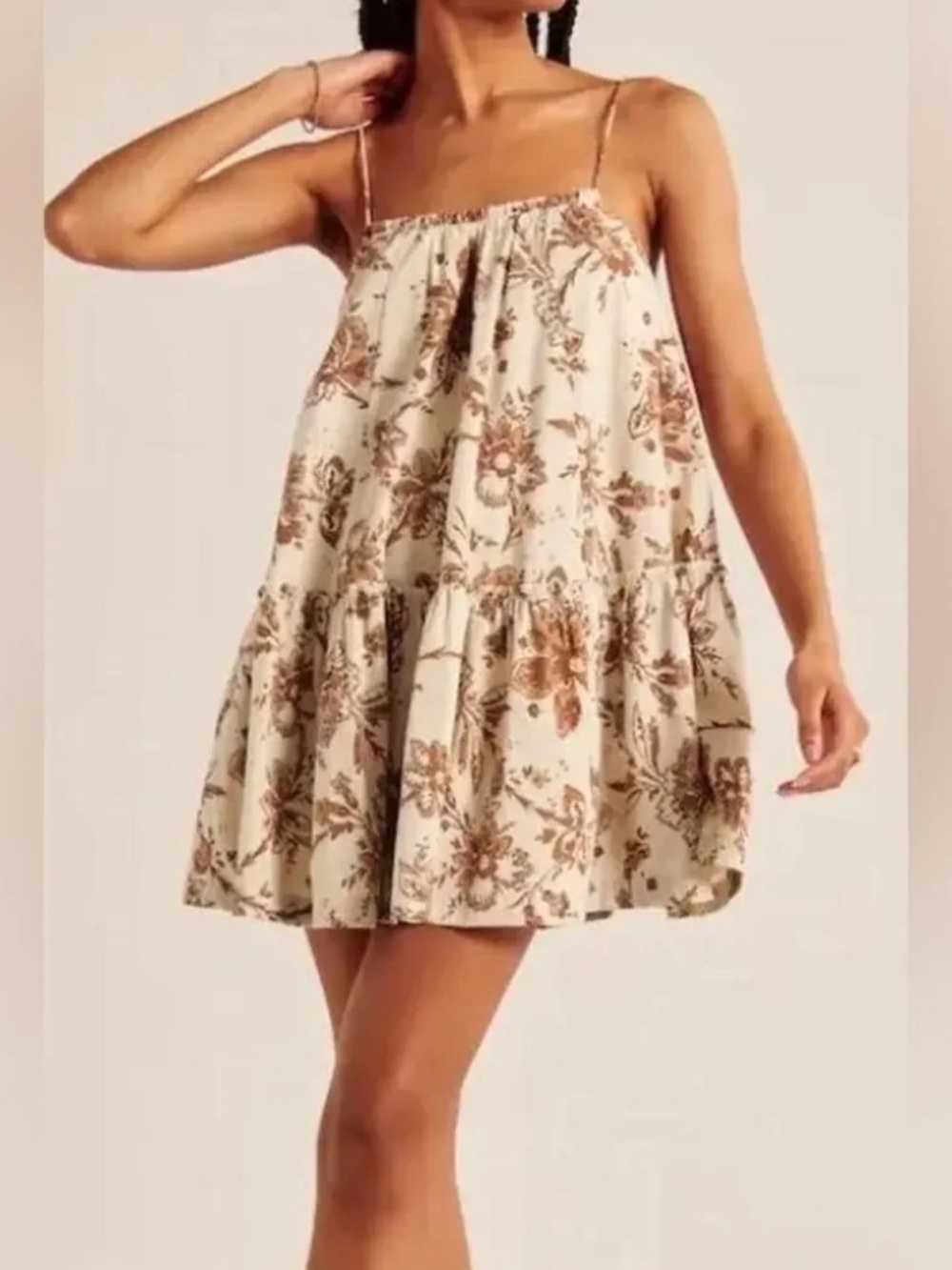 Abercrombie & Fitch Floral Tiered Camisole Dress - Cream/Brown | Size M